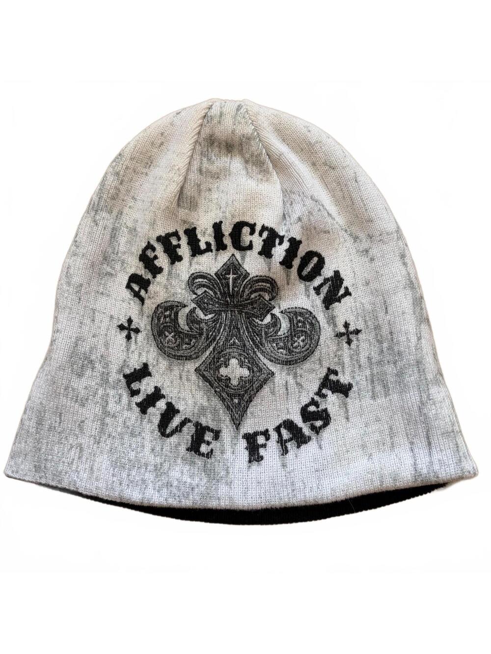 Affliction Reversible Beanie Hat Live Fast Knit Black White